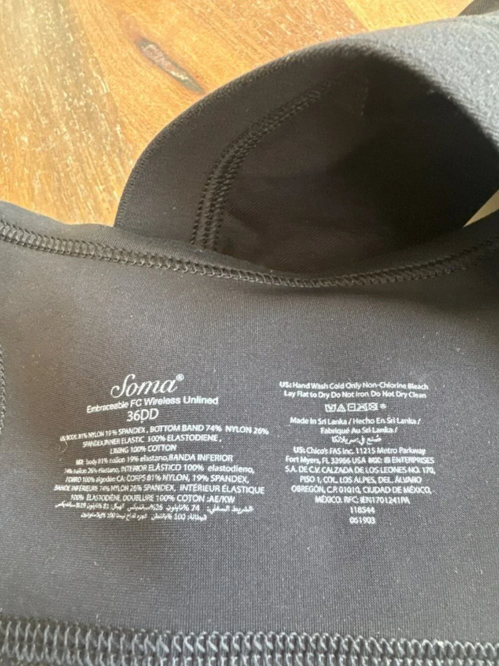 Soma Embraceble Wireless Unlined Full Coverage Bra 36DD Black NWT